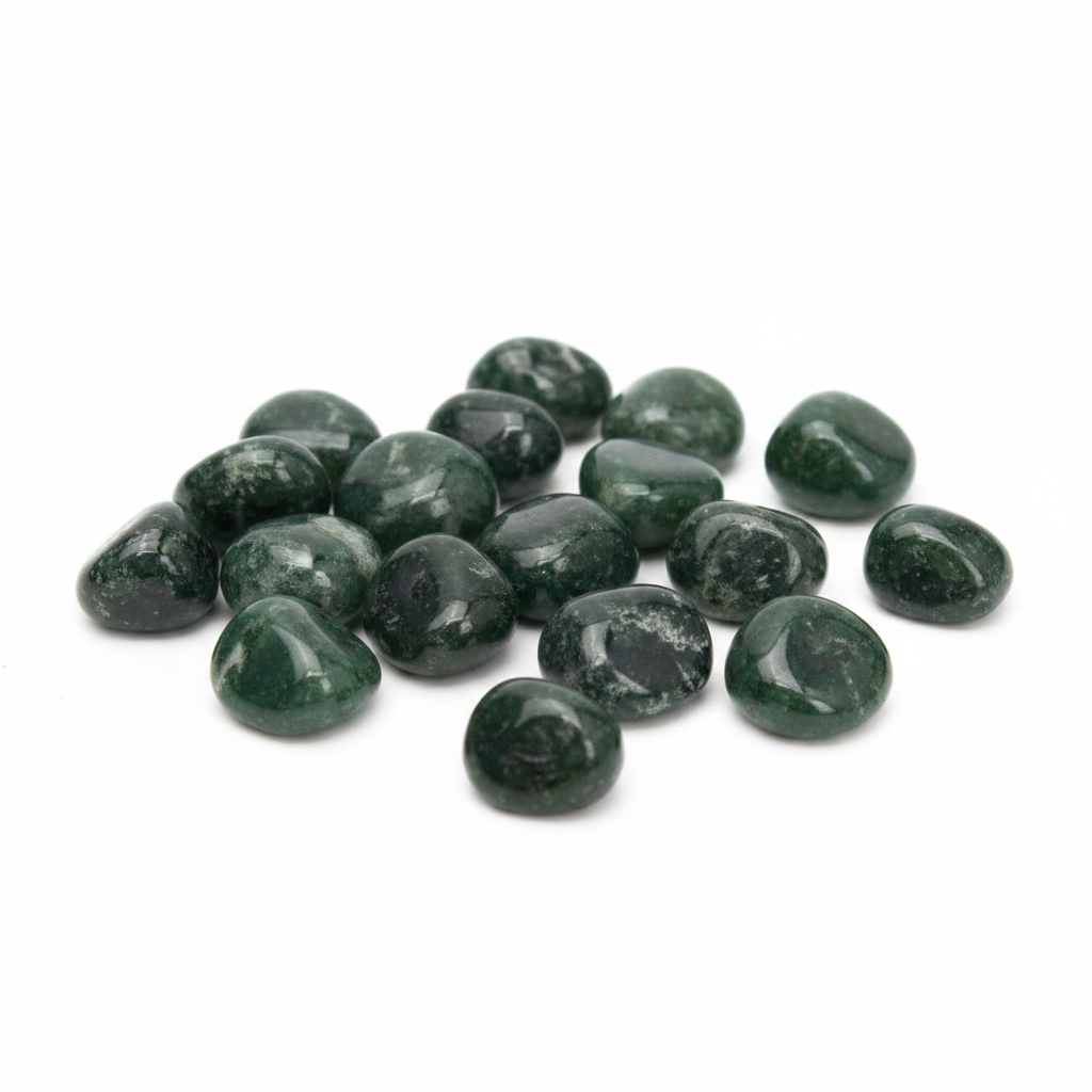 Pietre burattate di agata muschiata verde scuro su sfondo bianco studio