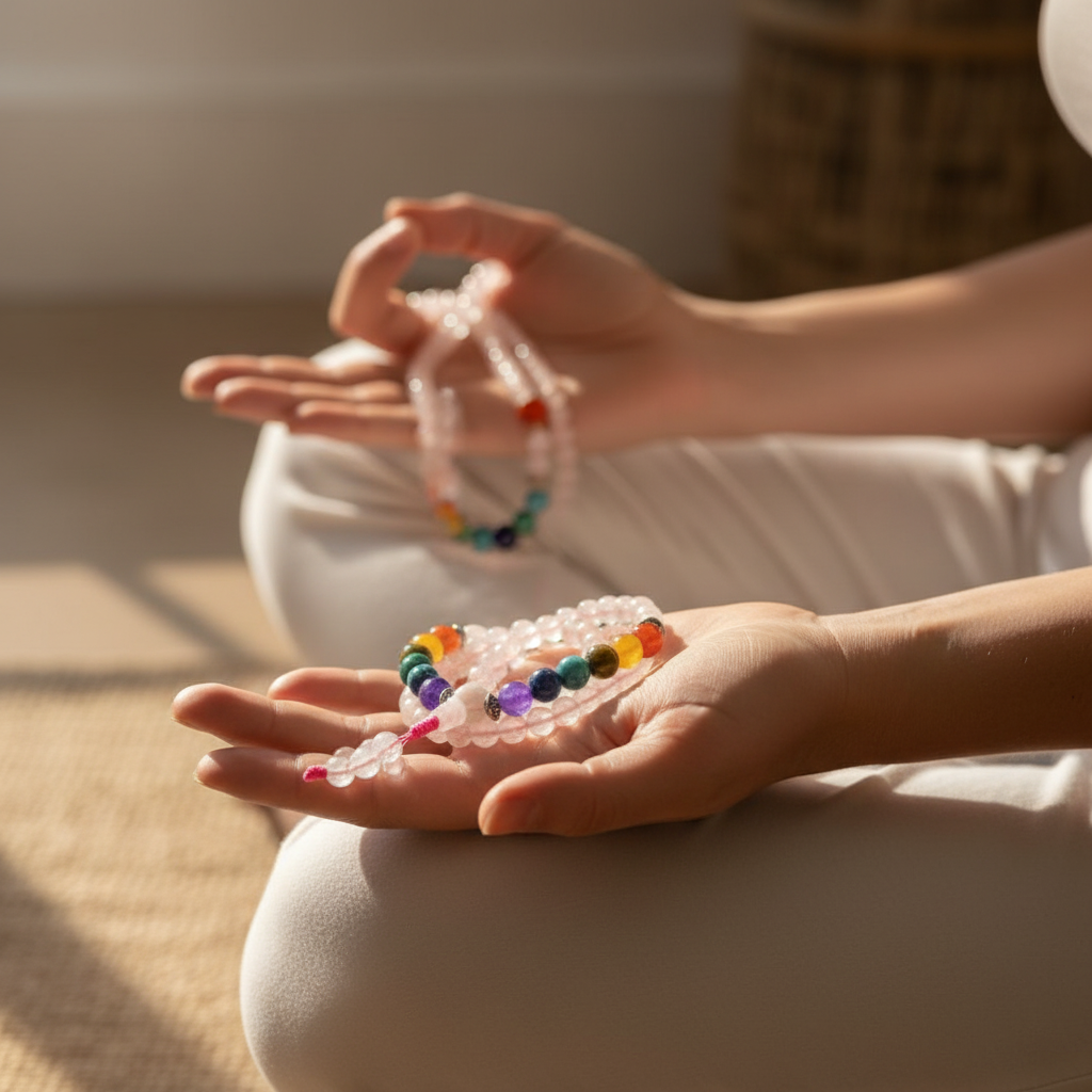 Mala quarzo rosa 7 chakra tenuta in mano in meditazione