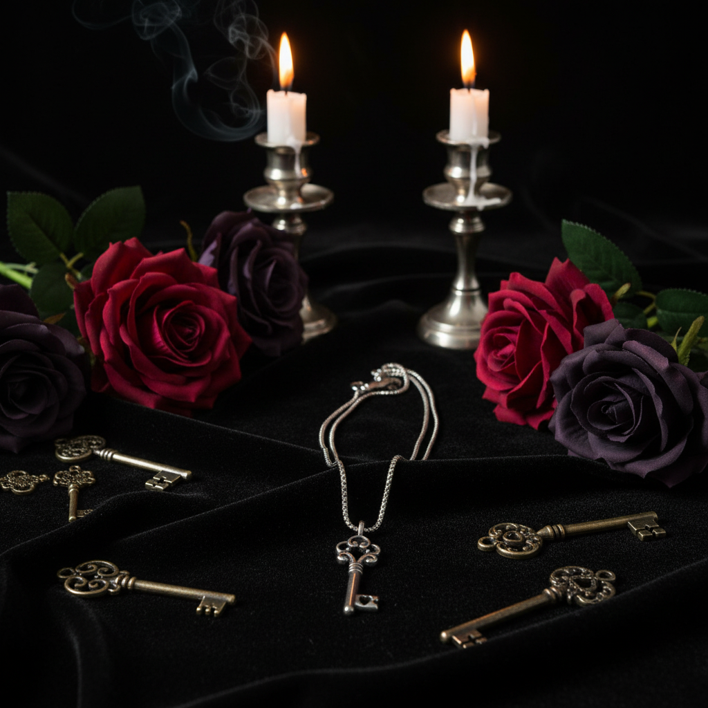 Collana Chiave Gotica con Cuore - velluto nero con candele e chiavi