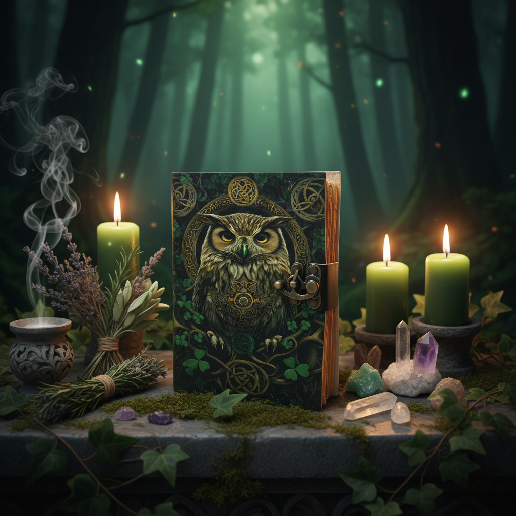 Grimorio Civetta Celtica - altare druidico con candele verdi