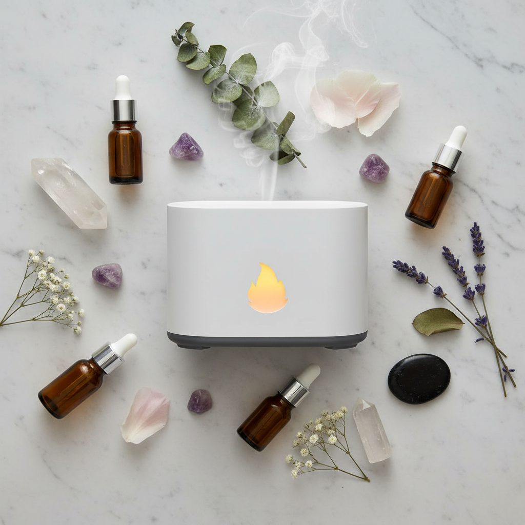 Diffusore aromi fiamma LED - flat lay con cristalli e oli