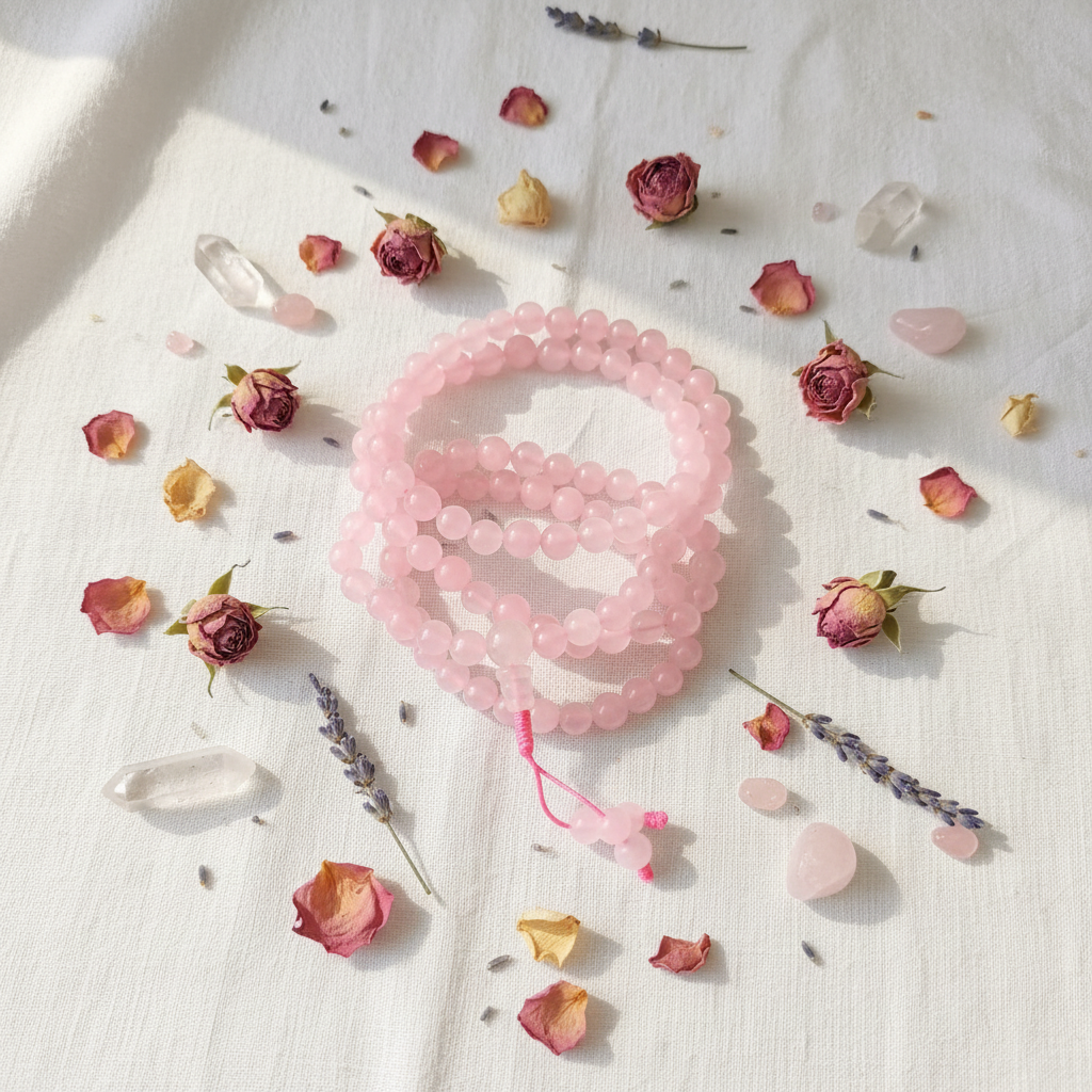 Japamala in quarzo rosa con fiori e cristalli