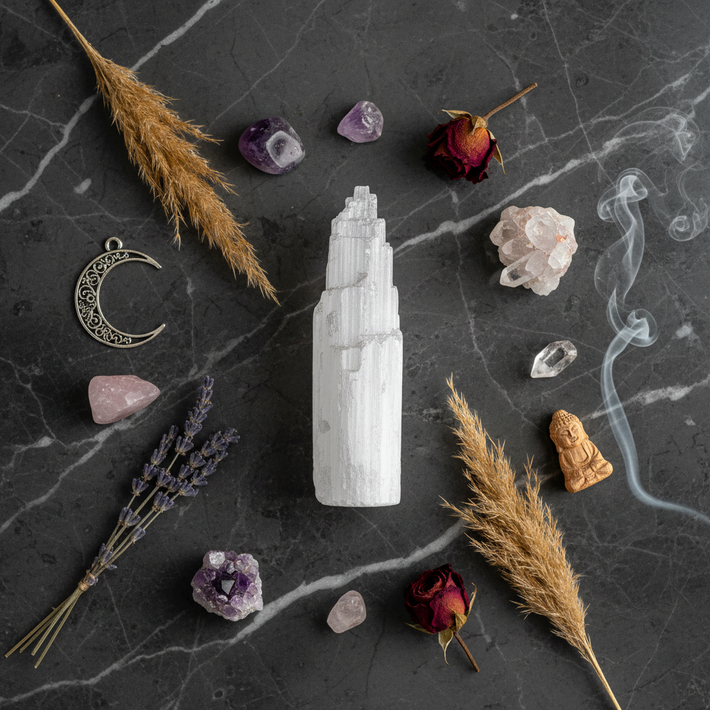 Cattedrale di selenite 15cm - flat lay con cristalli