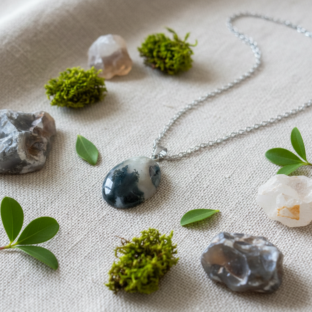 Collana agata muschiata con foglie e cristalli