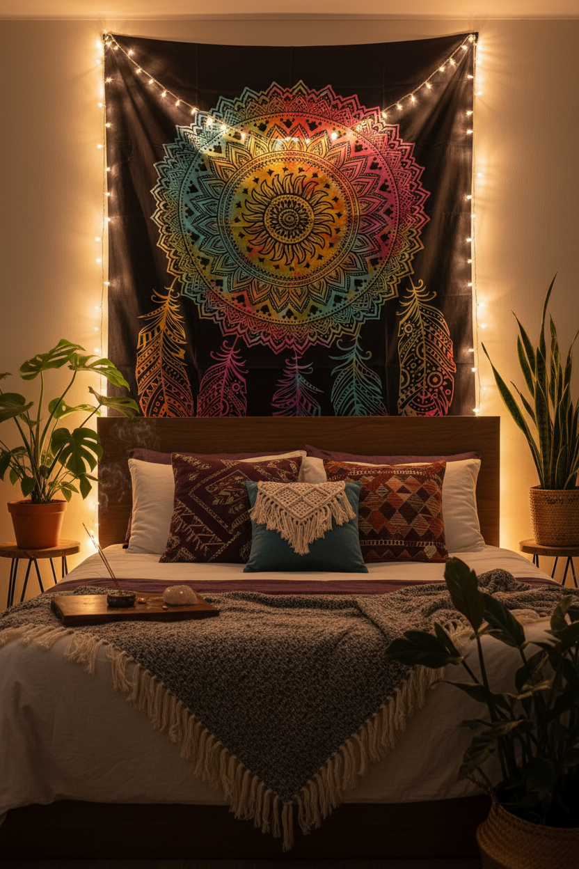 Telo acchiappasogni appeso sopra il letto camera boho