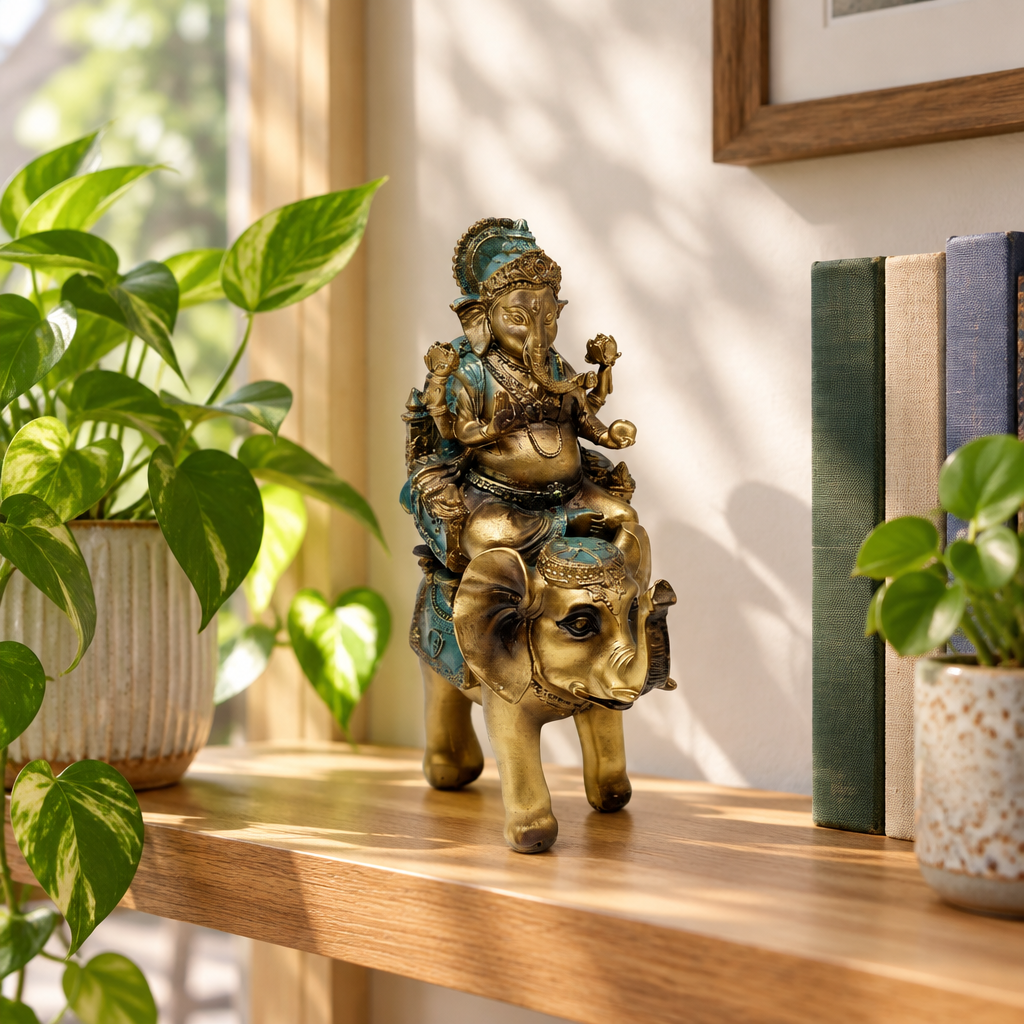Statua di Ganesh in resina su mensola con piante e luce naturale