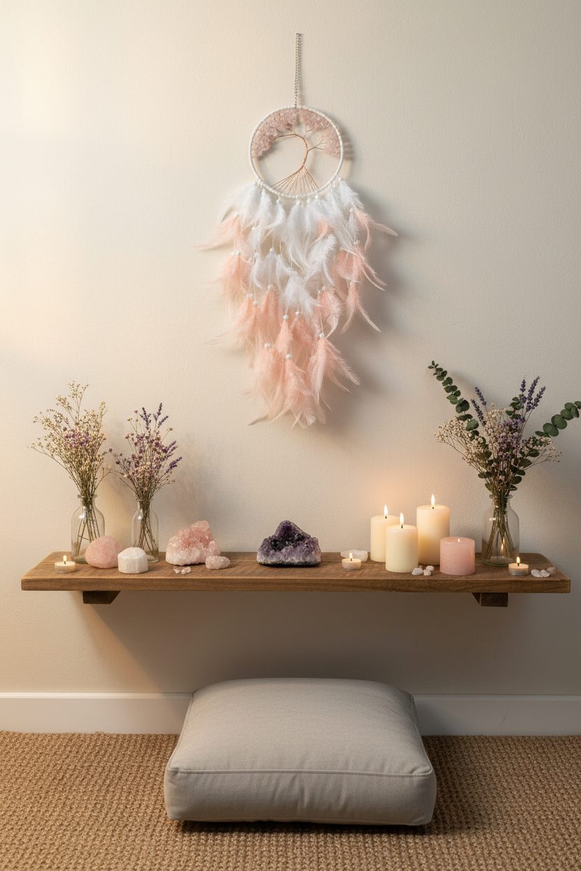 Acchiappasogni quarzo rosa - angolo meditazione cristalli