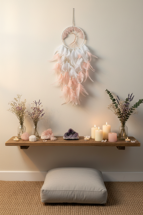 Acchiappasogni quarzo rosa - angolo meditazione cristalli