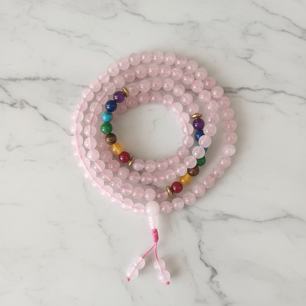 Japamala 7 chakra quarzo rosa flatlay su marmo