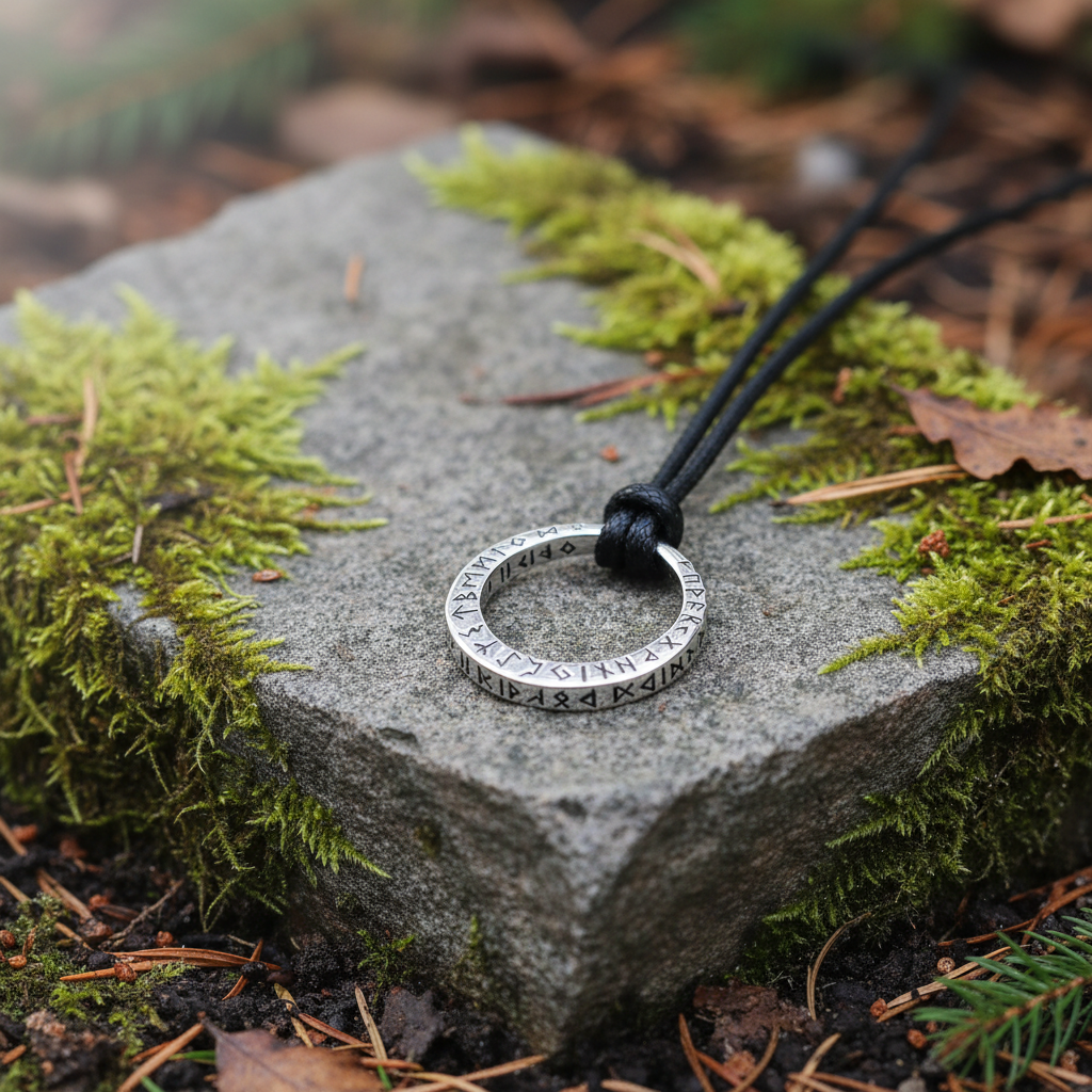 Collana Anello Runico - pietra grigia con muschio