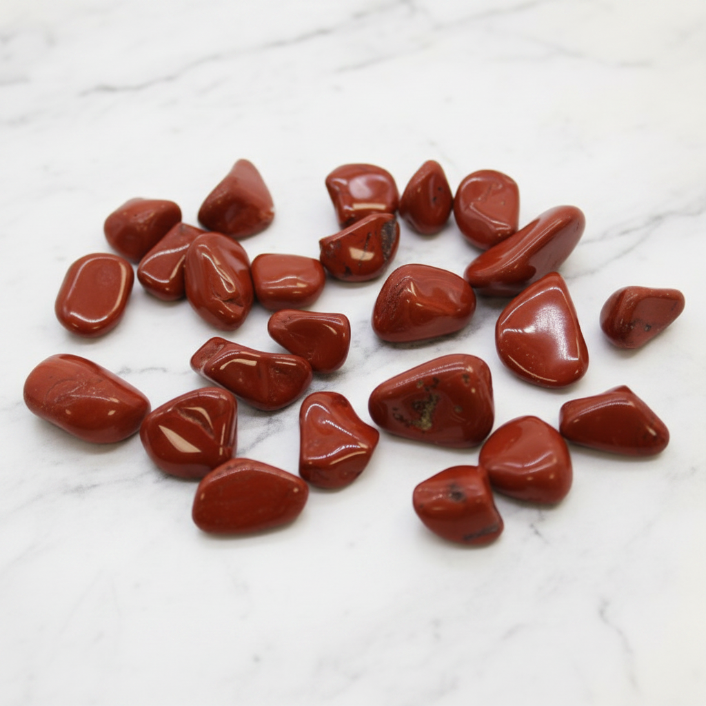 Diaspro rosso tumbled flatlay su marmo