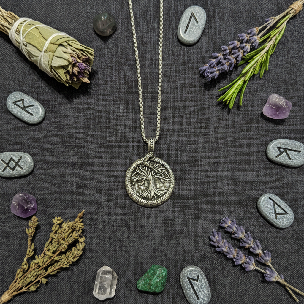 Collana Albero della Vita composizione vichinga con cristalli e rune