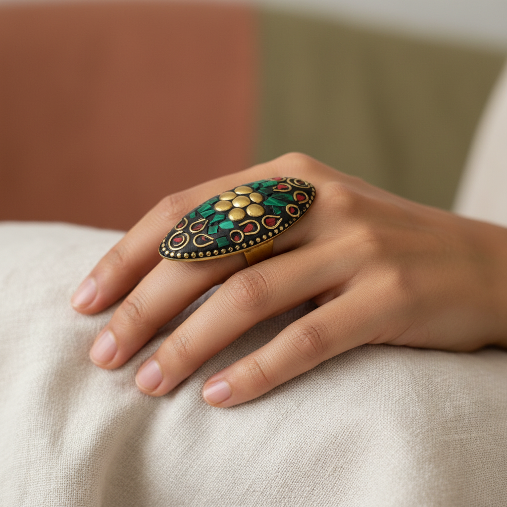 Anello fiore malachite corallo - indossata sulla mano