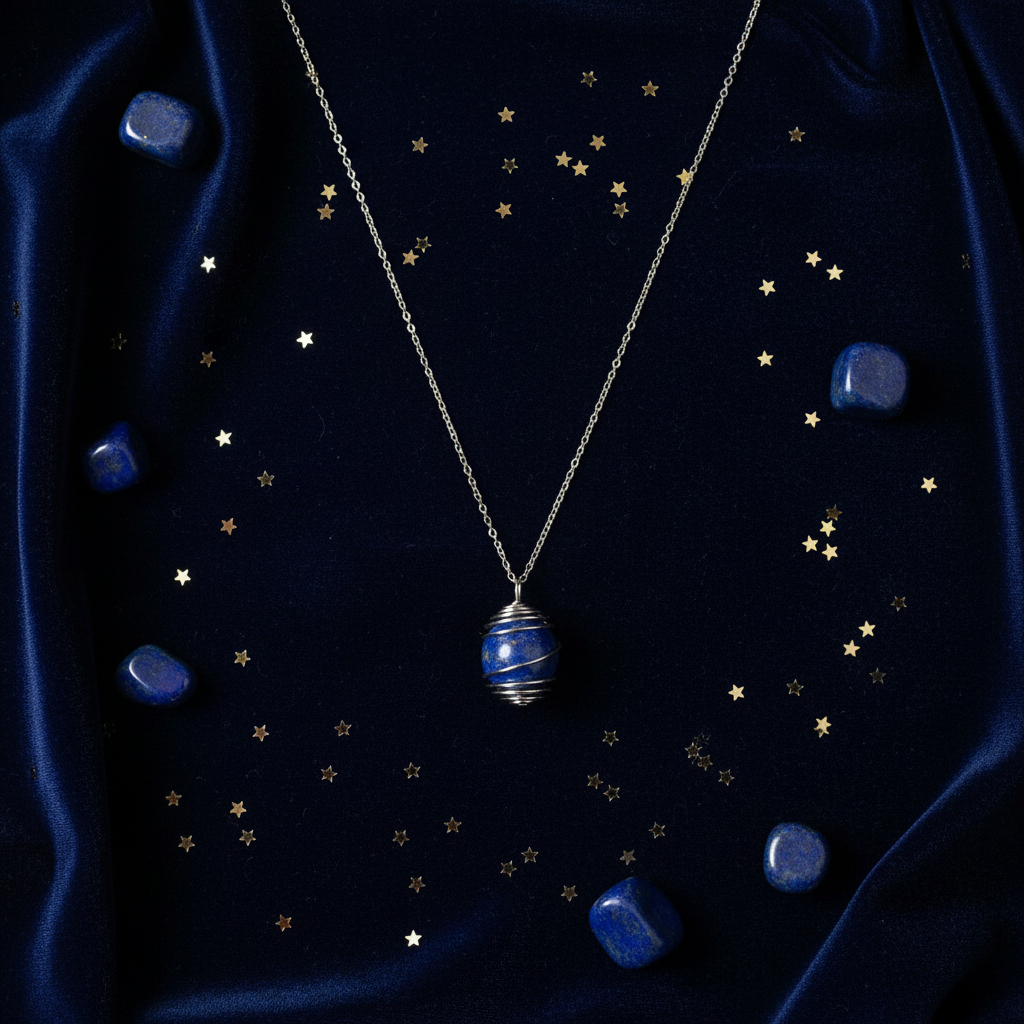Collana Gabbia Lapislazzuli flat lay velluto blu con stelle dorate