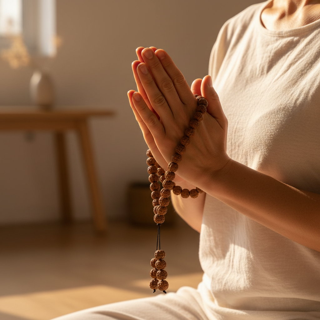 Mala rudraksha tenuta in mano in meditazione