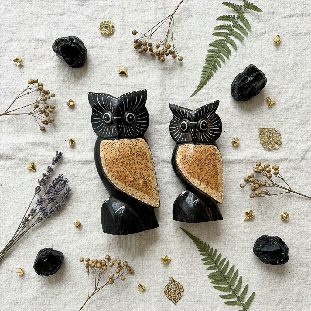 Civetta nera petto dorato Indonesia - flatlay lino con ossidiana e oro