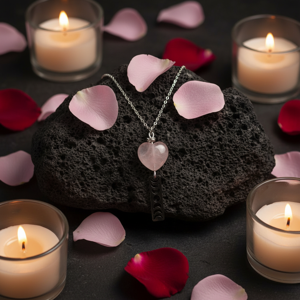Collana Quarzo Rosa Cuore e Fasi Lunari - sfondo pietra vulcanica