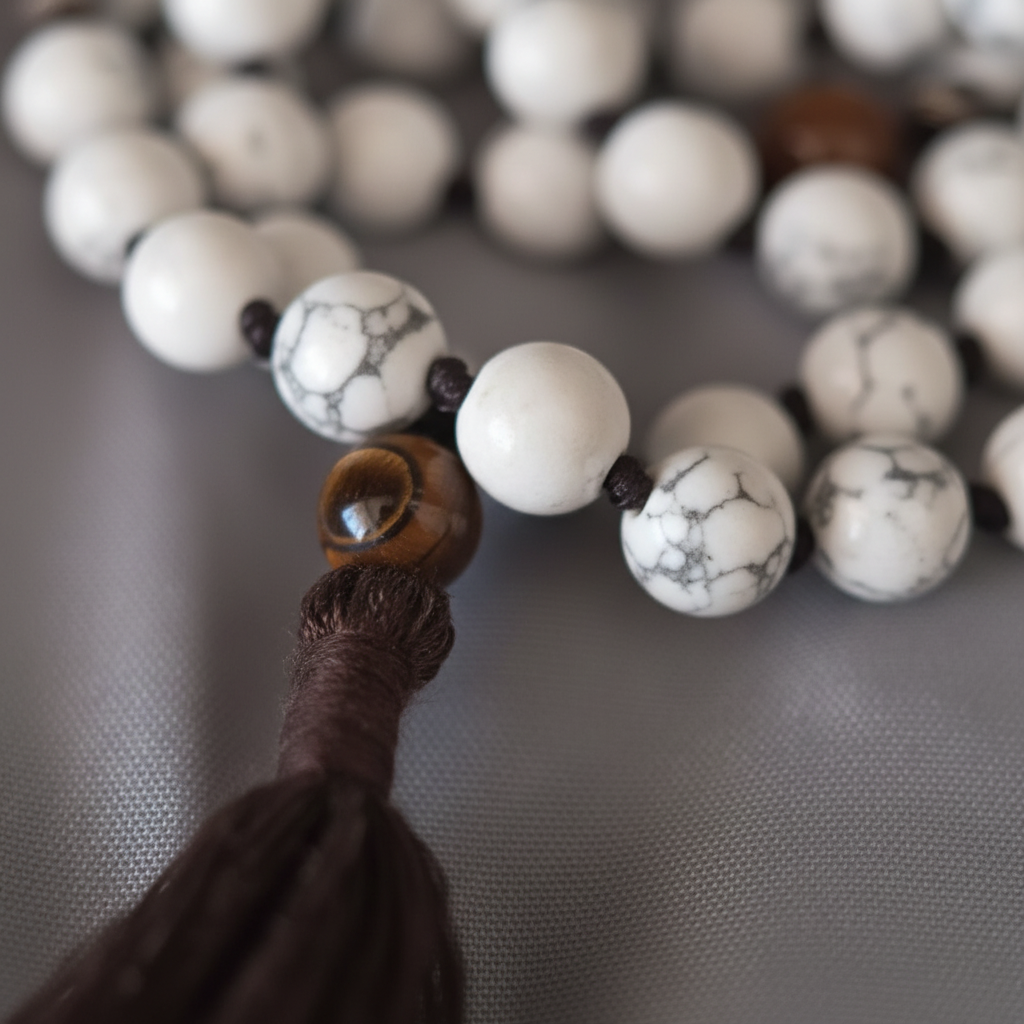 Japamala howlite e occhio di tigre - macro close-up perle e nappina