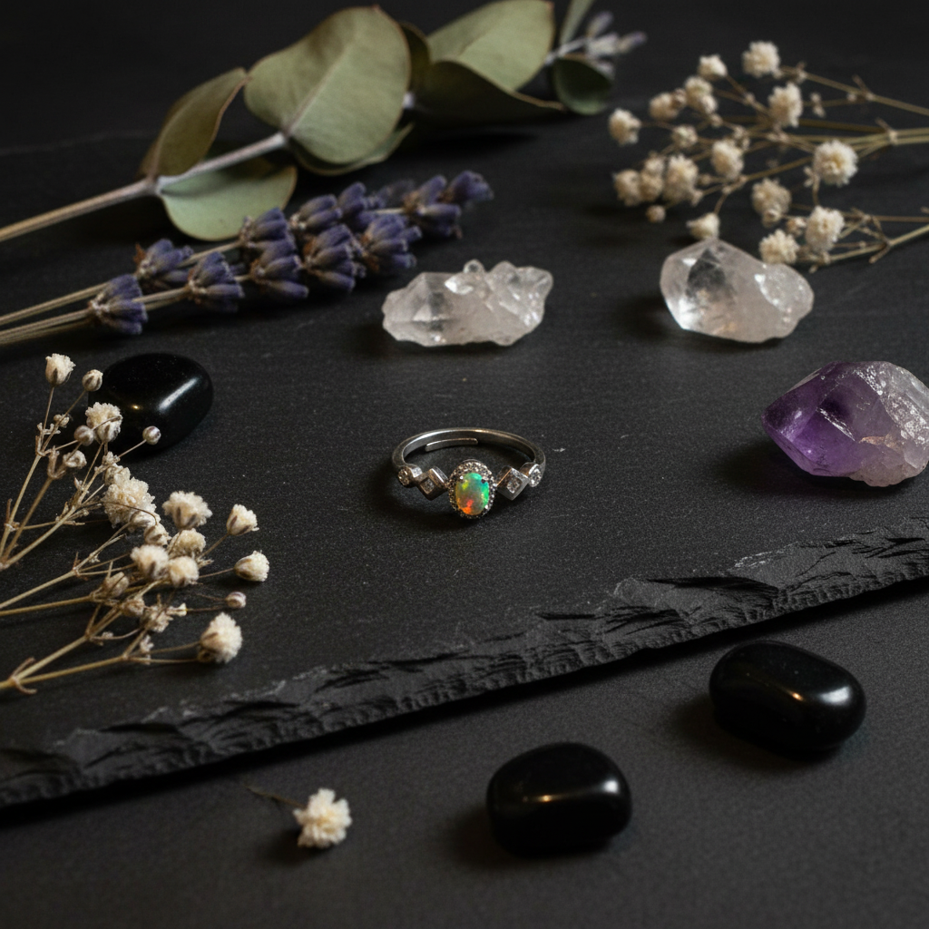 Anello opale etiope - flat lay esoterico