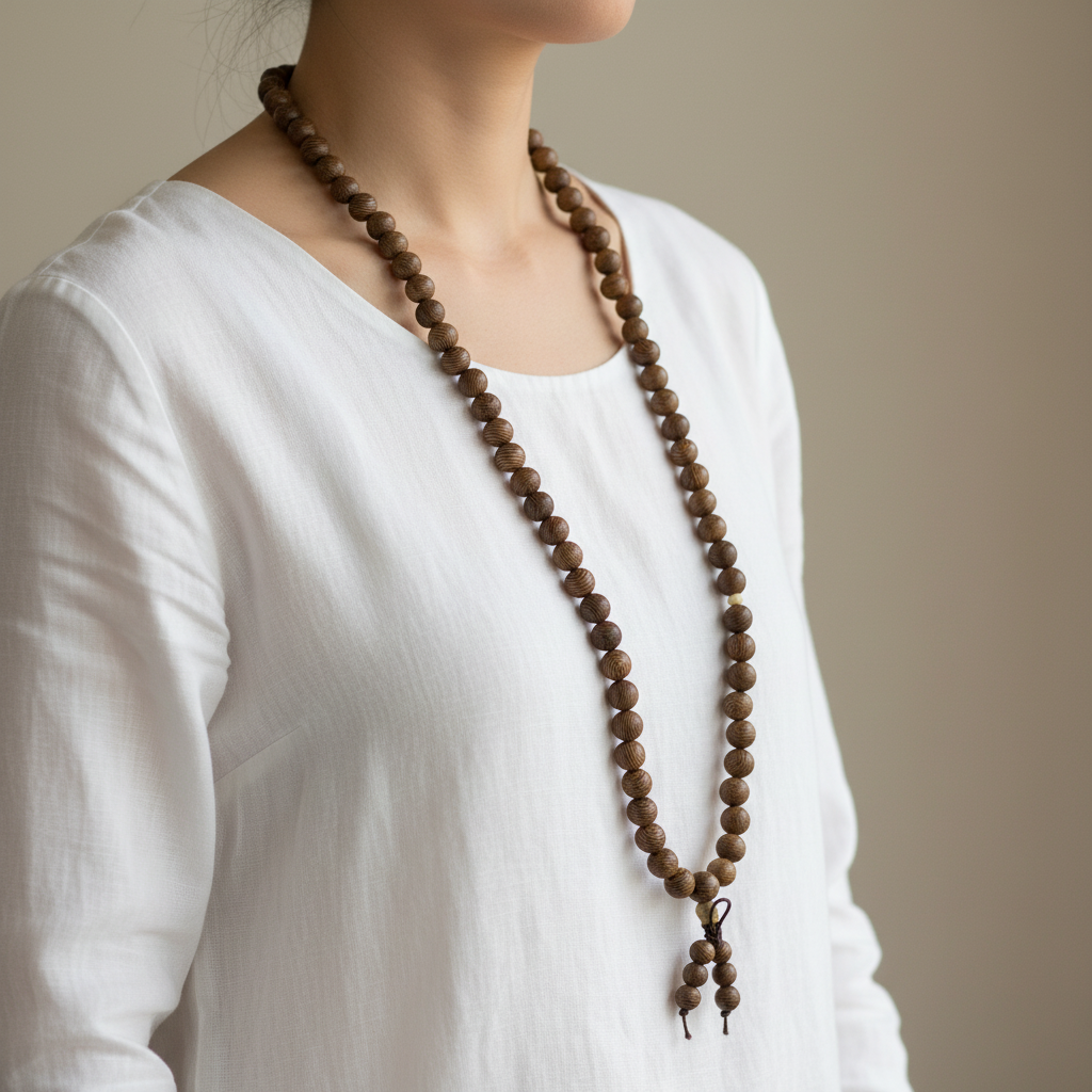 Mala legno di sandalo indossata come collana lunga