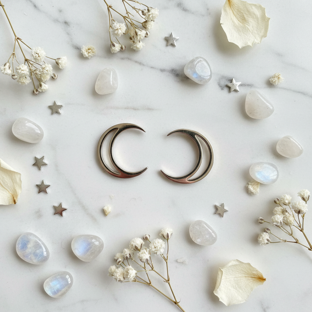 Orecchini Lobo Luna flat lay marmo bianco con stelle