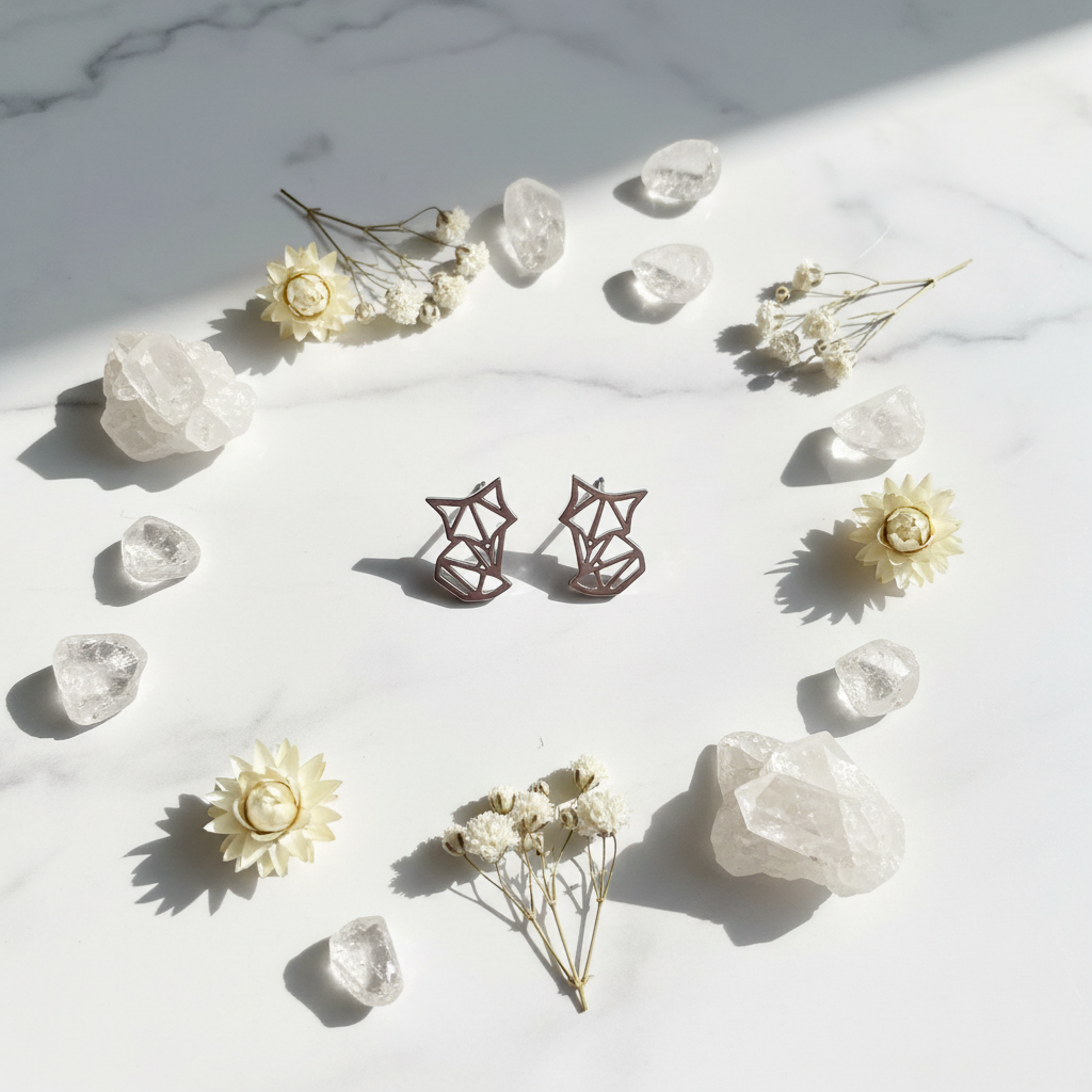 Orecchini Lobo Simbolo Volpe flat lay marmo bianco