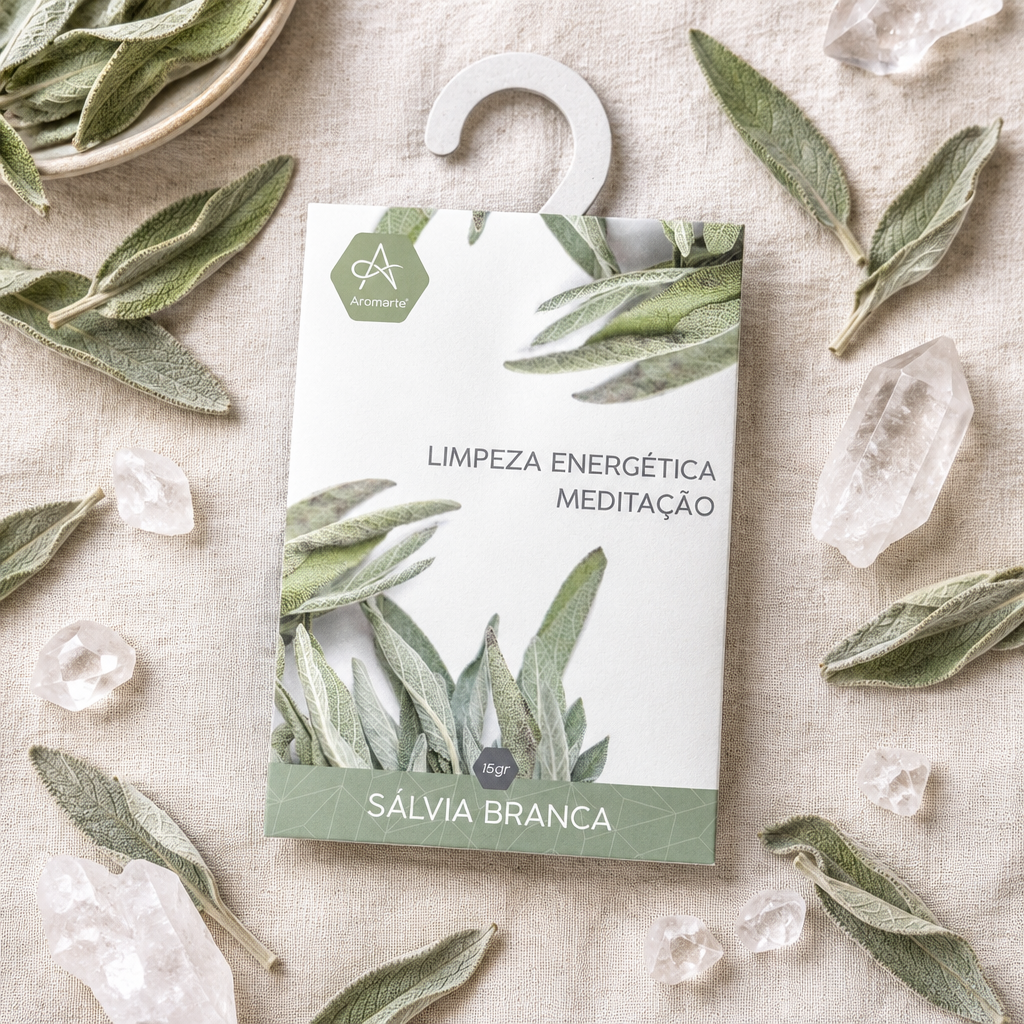 Sacchetto salvia bianca su lino con foglie secche e quarzo