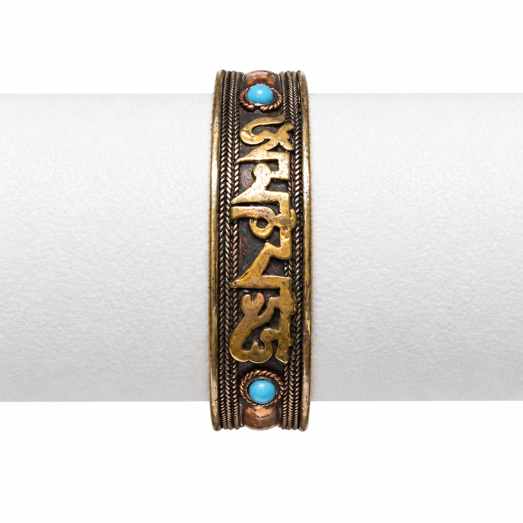 Braccialetto con mantra tibetano e pallini azzurri