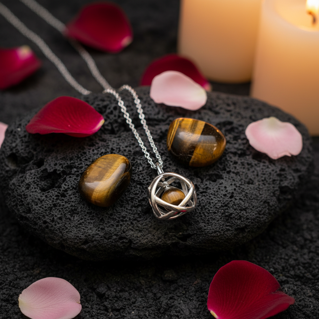 Collana Genesa Occhio di Tigre - sfondo pietra vulcanica