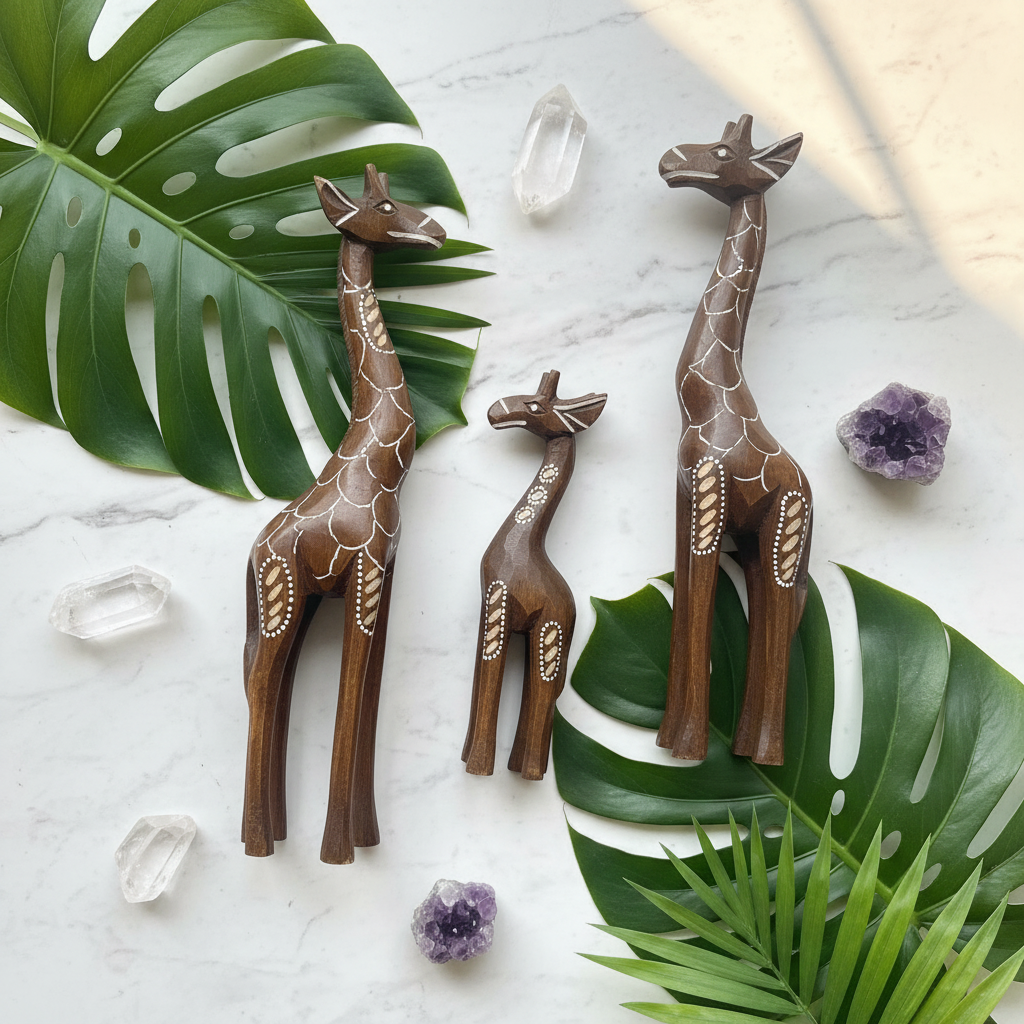 Giraffa intagliata Indonesia - flatlay marmo con cristalli