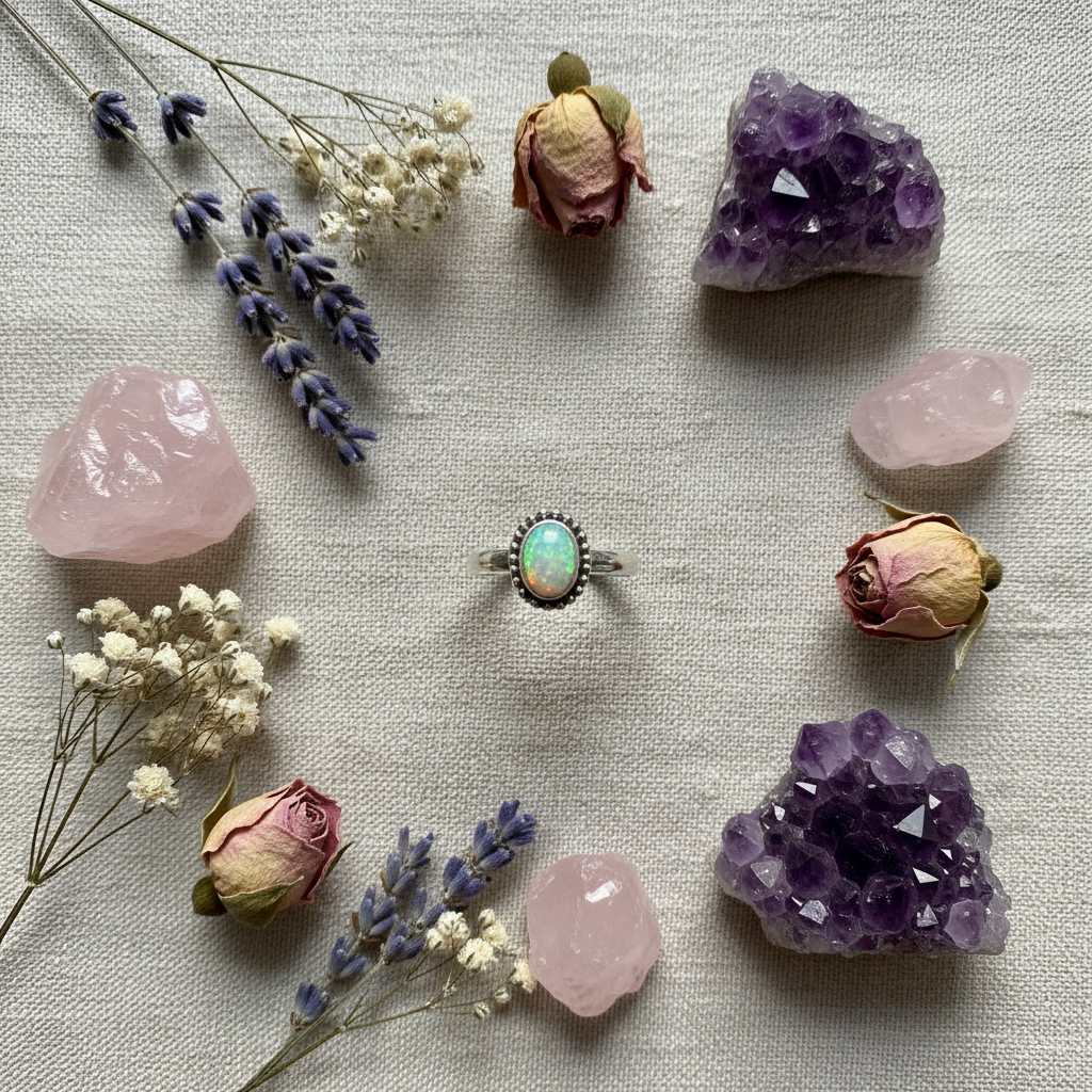 Anello Opale Arlecchino - Fiori e cristalli su lino