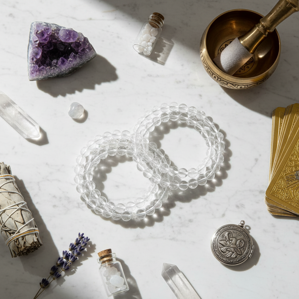 Bracciale Cristallo di Rocca 8mm - flat lay con cristalli
