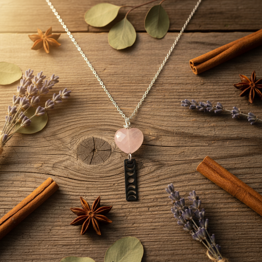 Collana Quarzo Rosa Cuore e Fasi Lunari - sfondo legno rustico