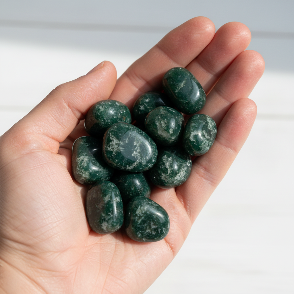 Pietre burattate di agata muschiata verde scuro tenute in mano aperta