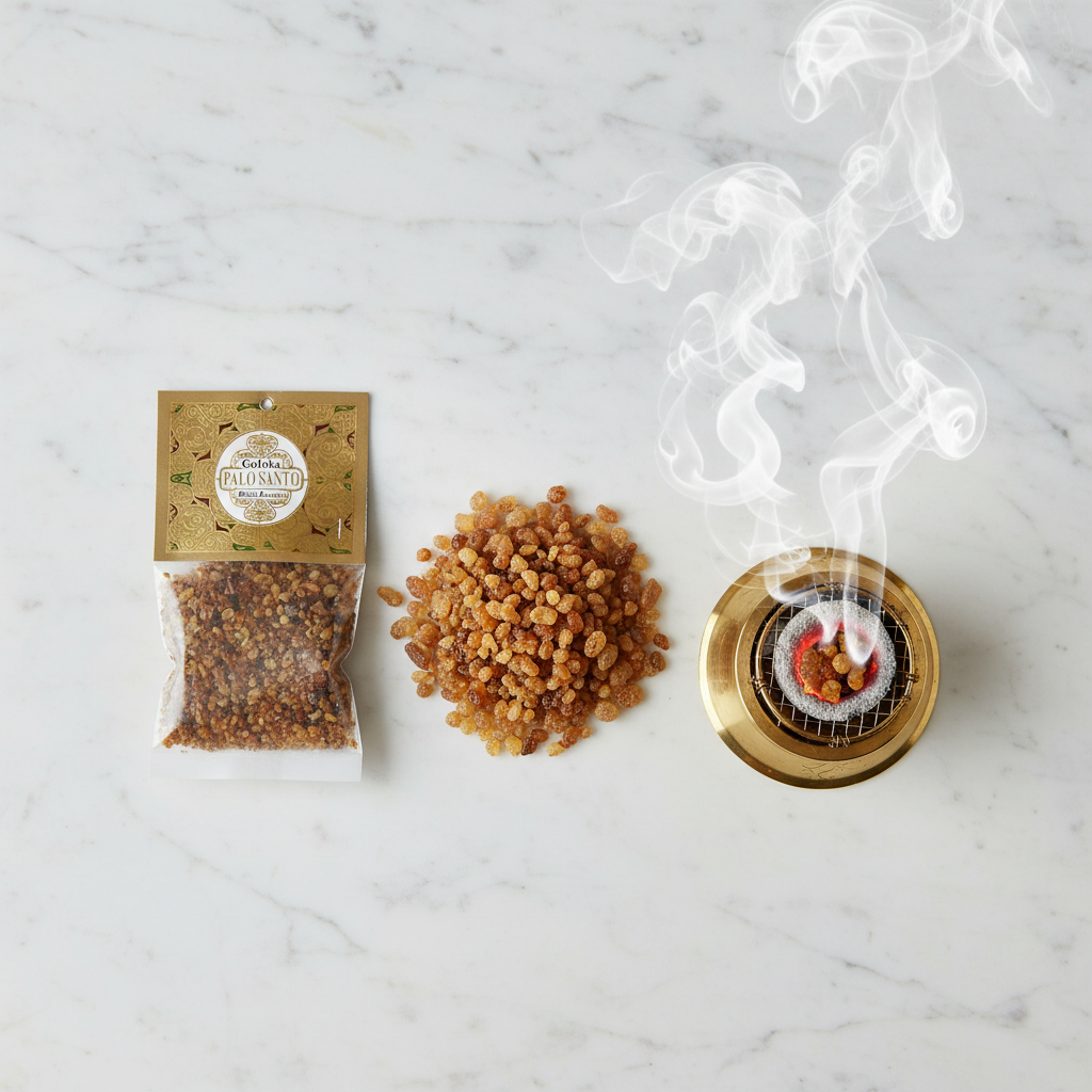 Resina palo santo Goloka - con bruciatore acceso e fumo aromatico