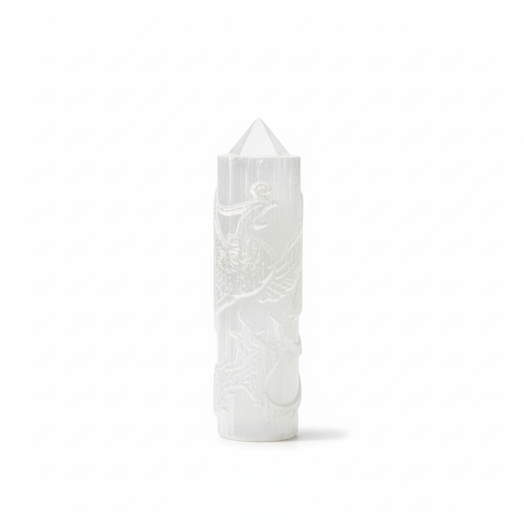 Obelisco Selenite Fenice sfondo bianco