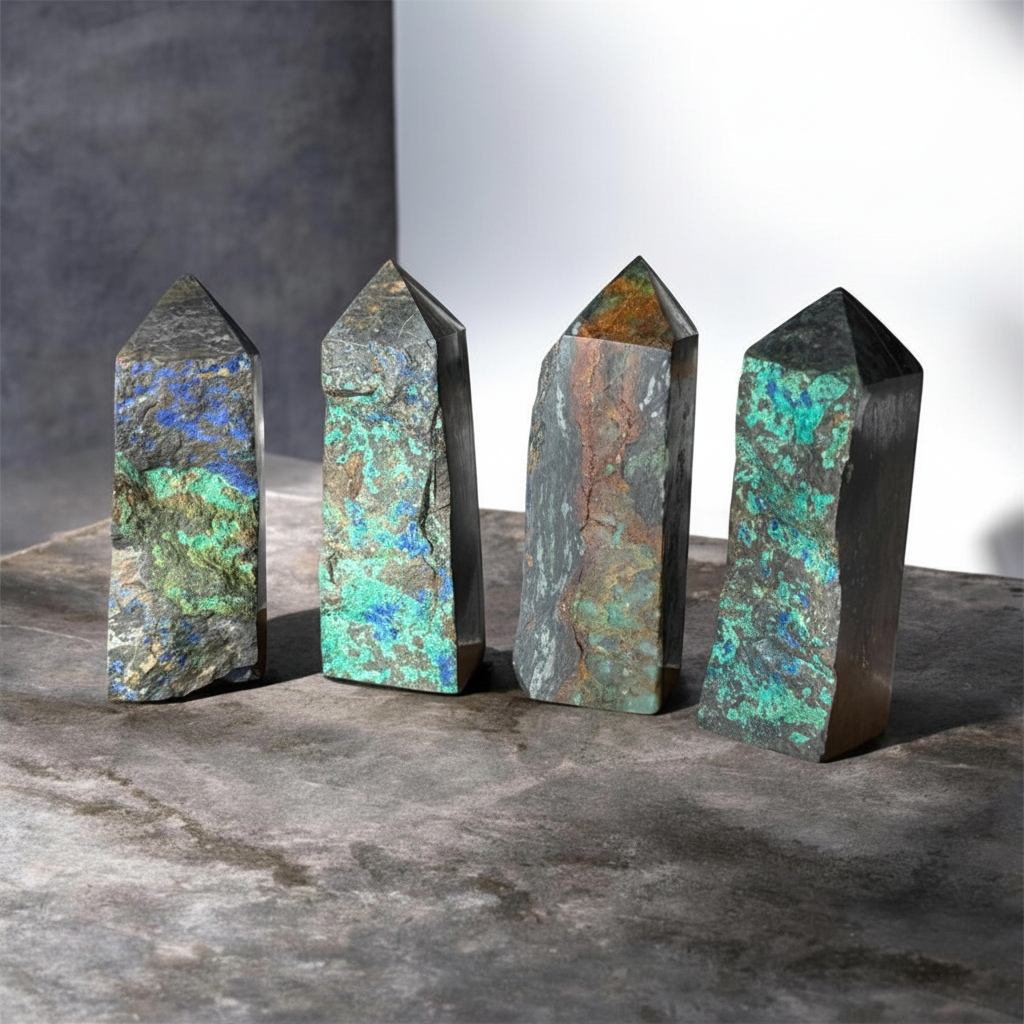 Torri grandi di azzurrite e malachite su sfondo cemento grigio
