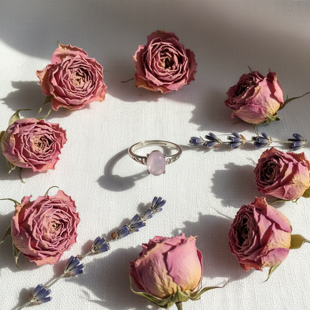 Anello kunzite flat lay con rose essiccate