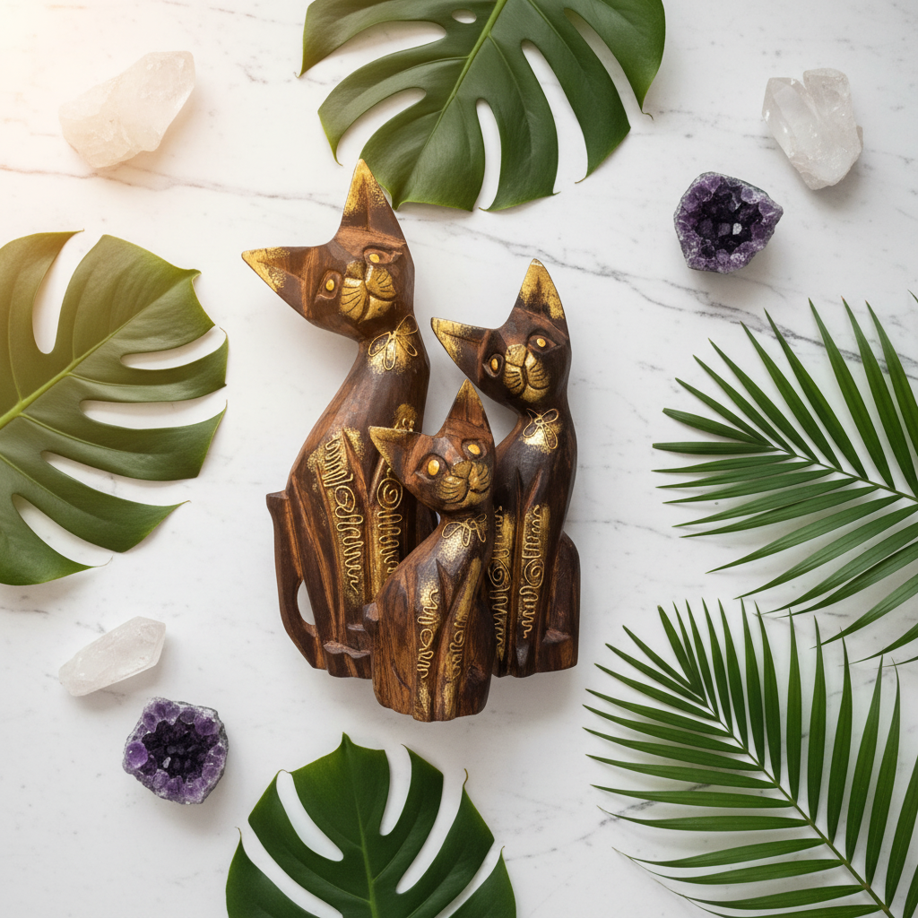 Gatto intagliato Indonesia - flatlay marmo con cristalli