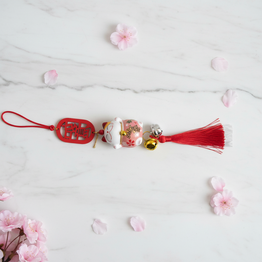 Maneki Neko Rosa Simbolo Cinese - su marmo con petali