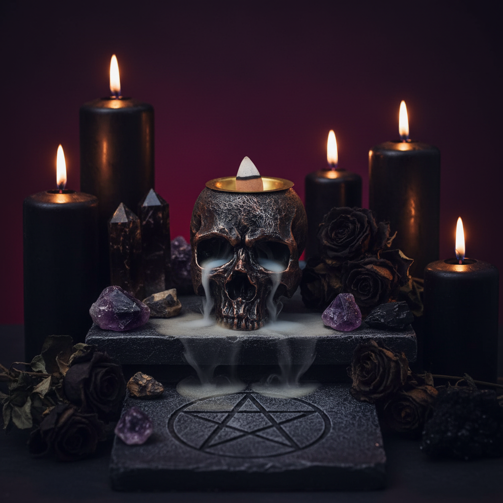 Bruciatore Teschio - altare gotico con candele e cristalli