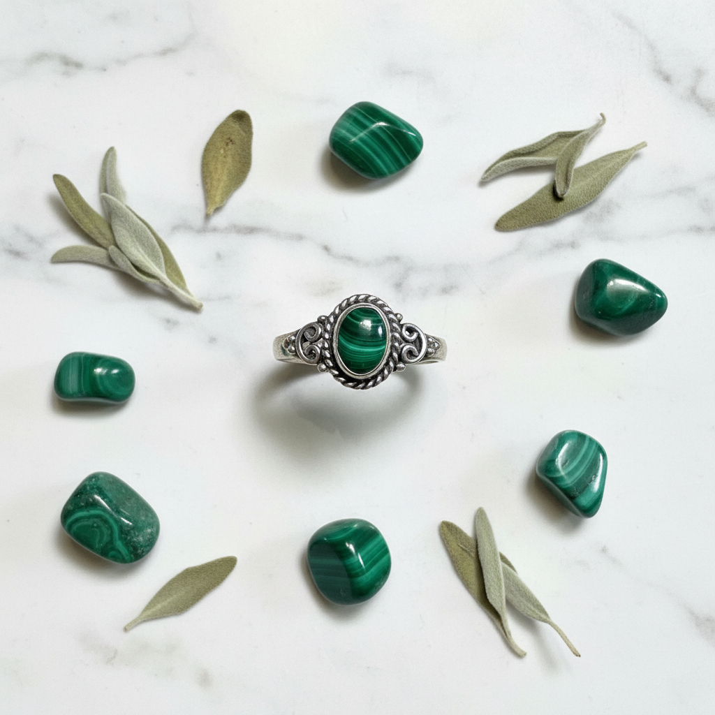 Anello Vintage in Argento con Malachite Naturale Ovale - flat lay marmo