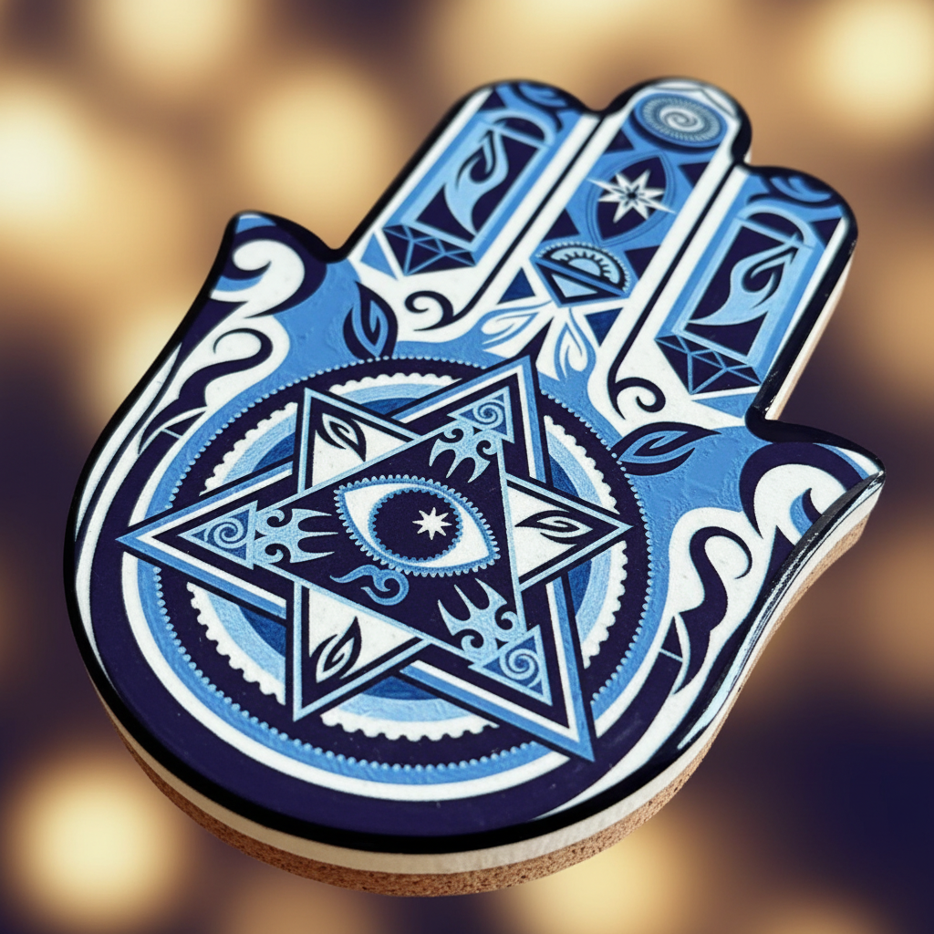 Decorazione Hamsa close-up dettaglio e base sughero