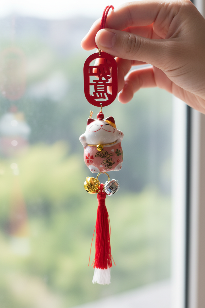 Maneki Neko Rosa Simbolo Cinese - in mano