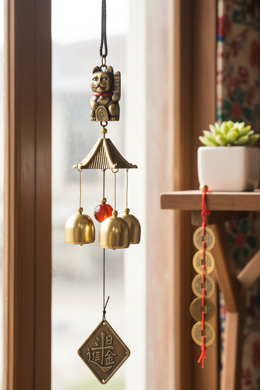 Campana a vento Maneki Neko - lifestyle finestra monete piante
