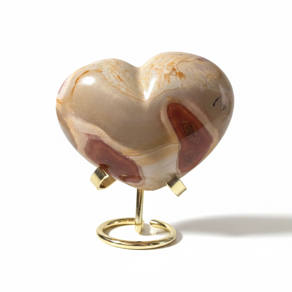 Cuore in Diaspro Oceano su supporto dorato - sfondo bianco