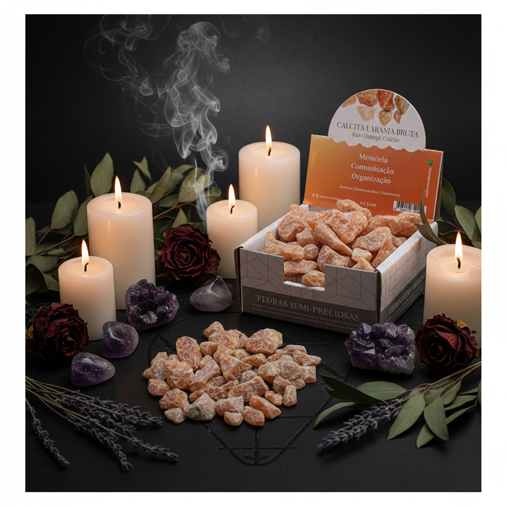 Calcite arancione grezza su altare mistico con candele e cristalli