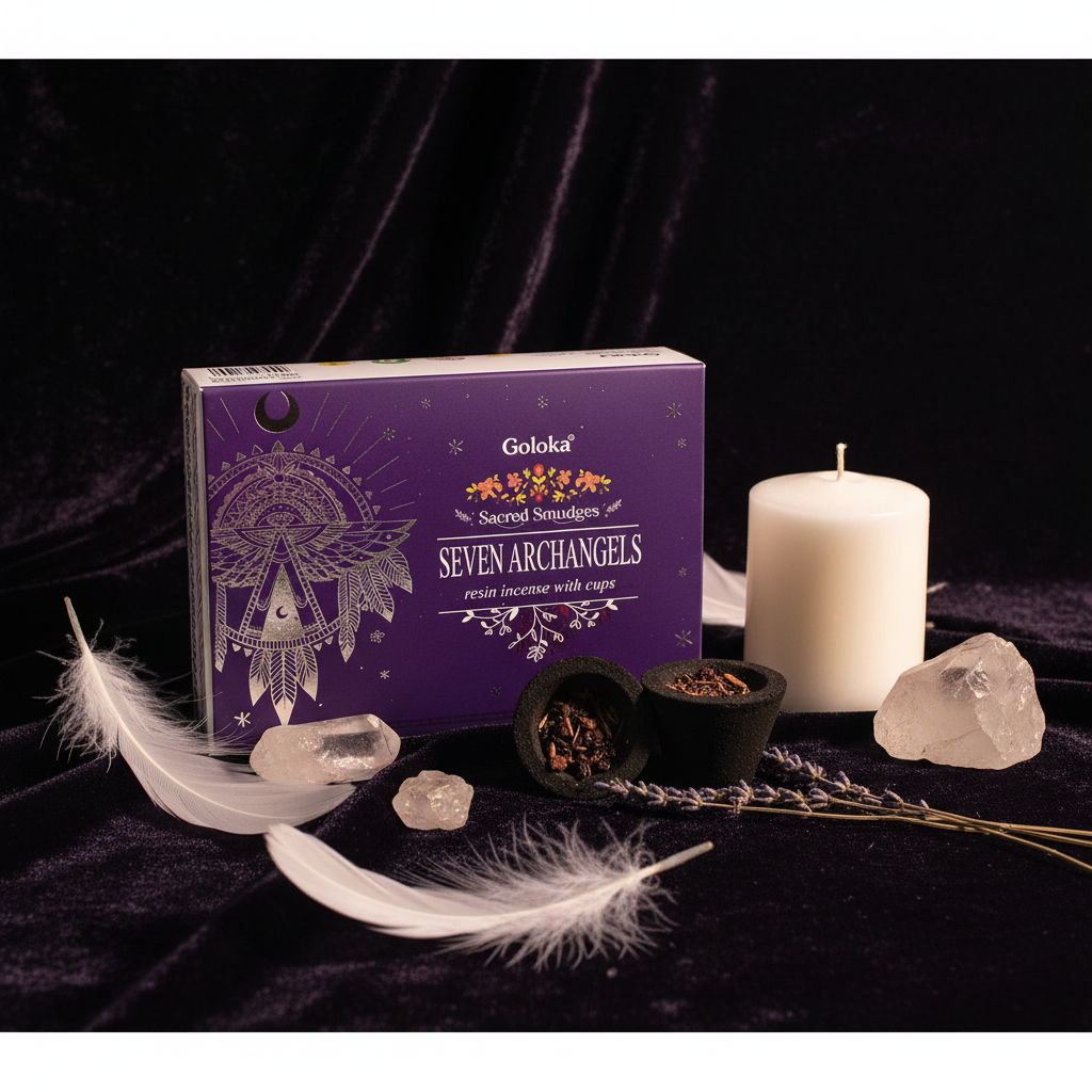 Composizione velluto viola Seven Archangels con piume quarzo e lavanda