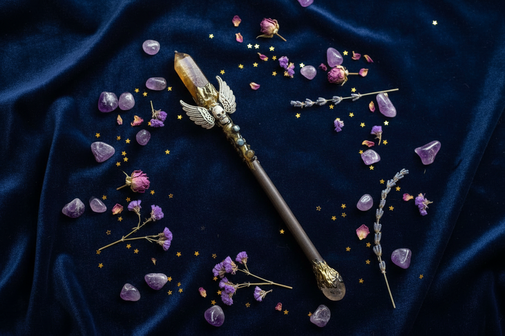 Bacchetta Rituale flat lay velluto blu con ametista e stelle