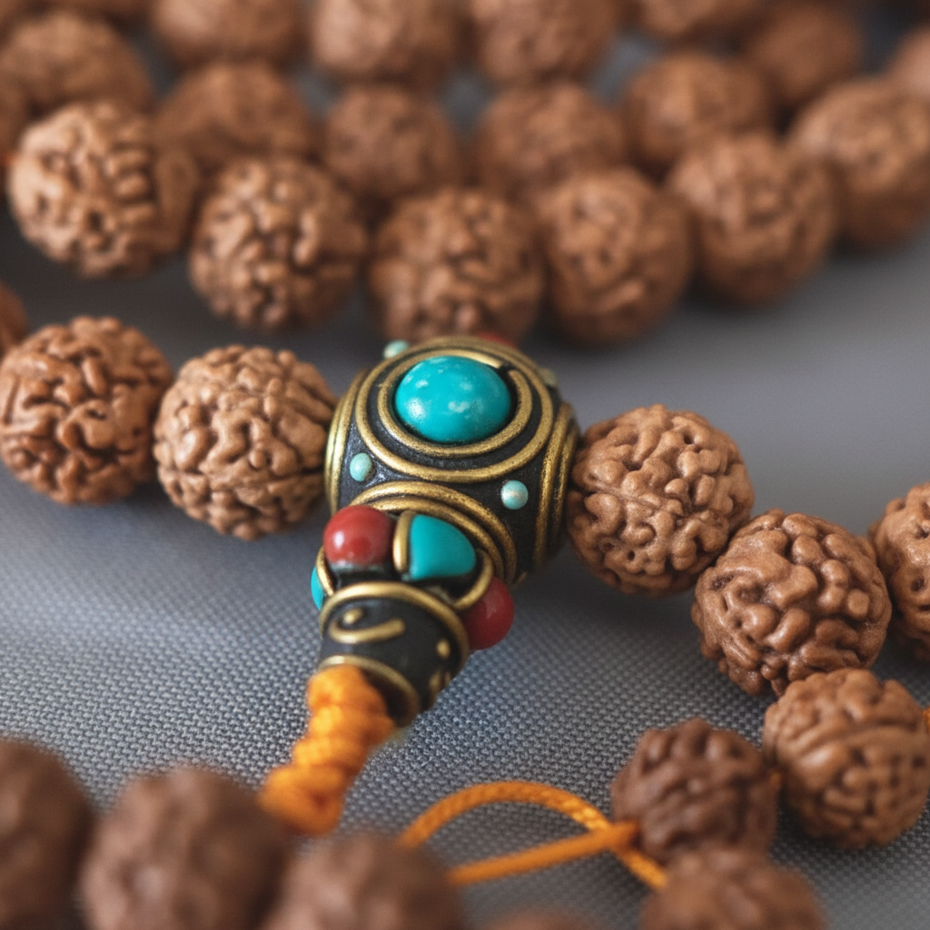 Japamala semi di rudraksha tibetano - macro close-up semi e perla guru